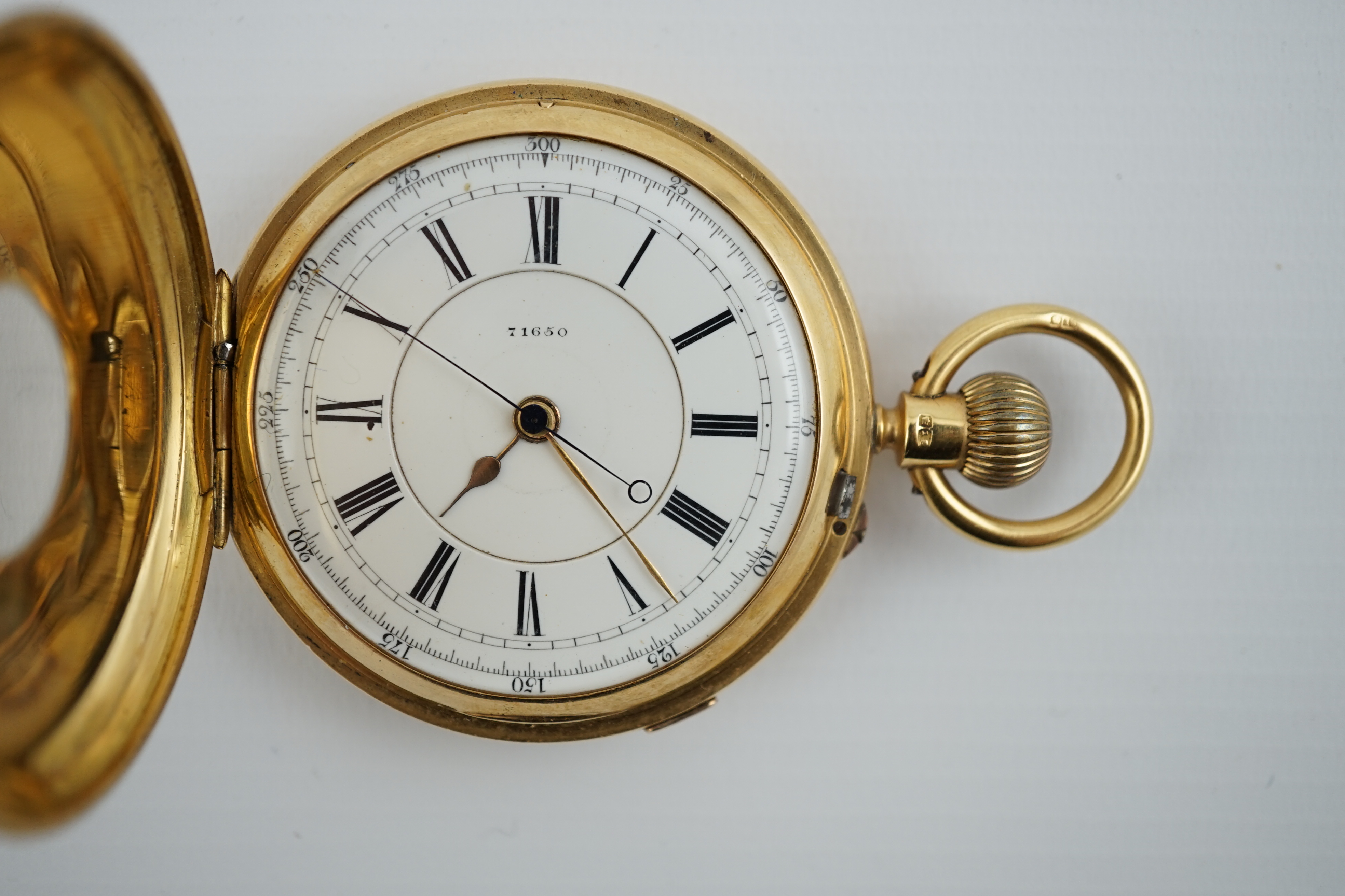 A late Victorian 18ct gold half hunter chronograph keyless pocket watch